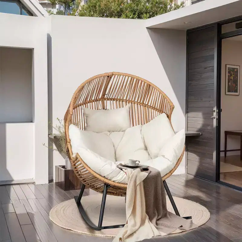 Sedia a dondolo a uovo in vimini Celebalcony, sedia a dondolo in rattan con cuscino, poltrona a dondolo reclinabile di grandi dimensioni per esterni-interni, balcone, cortile, giardino