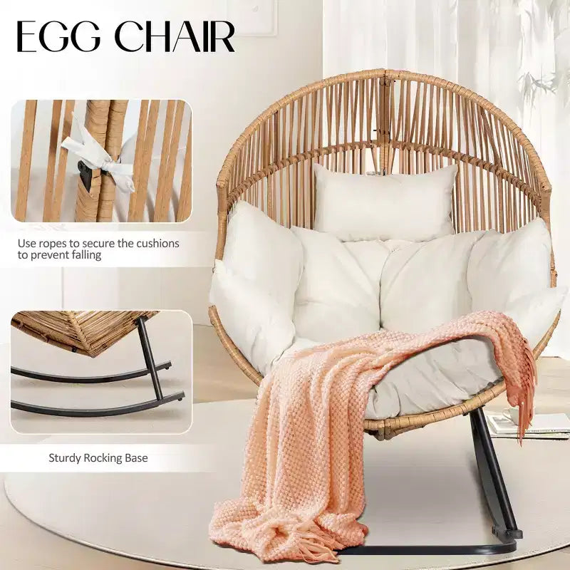 Sedia a dondolo a uovo in vimini Celebalcony, sedia a dondolo in rattan con cuscino, poltrona a dondolo reclinabile di grandi dimensioni per esterni-interni, balcone, cortile, giardino