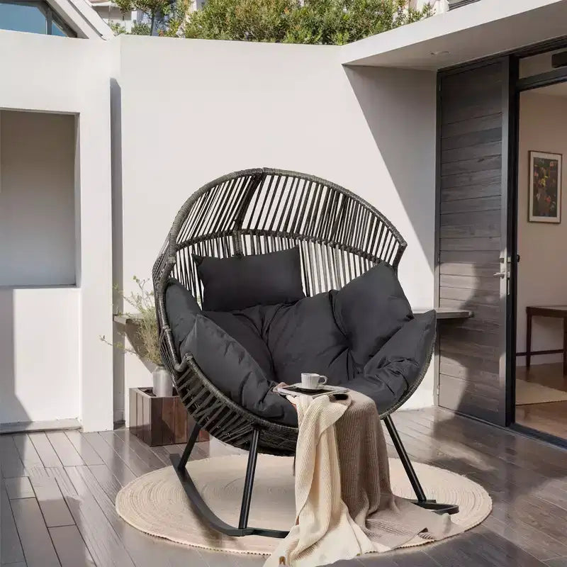 Sedia a dondolo a uovo in vimini Celebalcony, sedia a dondolo in rattan con cuscino, poltrona a dondolo reclinabile di grandi dimensioni per esterni-interni, balcone, cortile, giardino