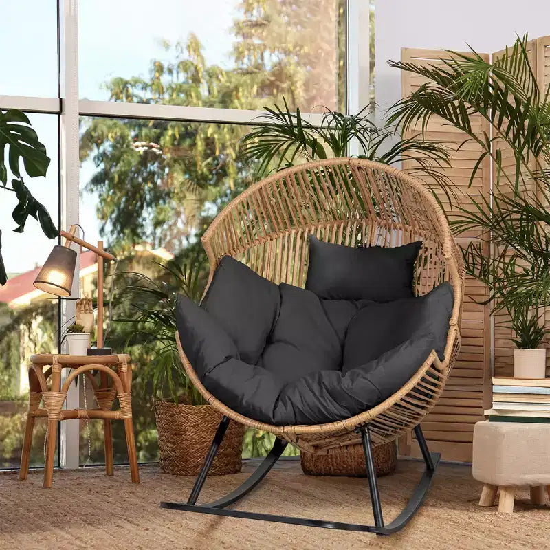 Sedia a dondolo a uovo in vimini Celebalcony, sedia a dondolo in rattan con cuscino, poltrona a dondolo reclinabile di grandi dimensioni per esterni-interni, balcone, cortile, giardino