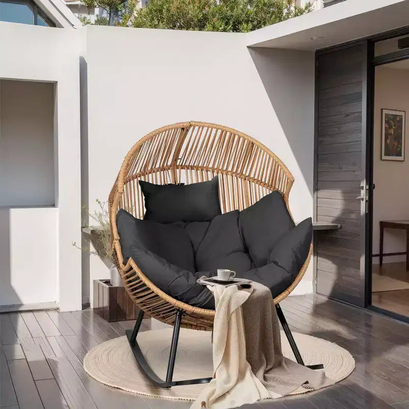Sedia a dondolo a uovo in vimini Celebalcony, sedia a dondolo in rattan con cuscino, poltrona a dondolo reclinabile di grandi dimensioni per esterni-interni, balcone, cortile, giardino