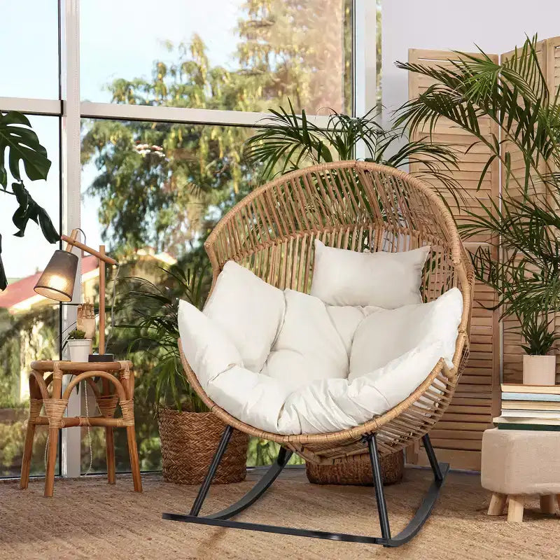 Sedia a dondolo a uovo in vimini Celebalcony, sedia a dondolo in rattan con cuscino, poltrona a dondolo reclinabile di grandi dimensioni per esterni-interni, balcone, cortile, giardino