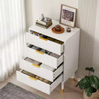 4 Storage Drawers, Fluted Chest of Drawers with Golden Legs and Handles, Bedside Table for Bedroom, Living Room,