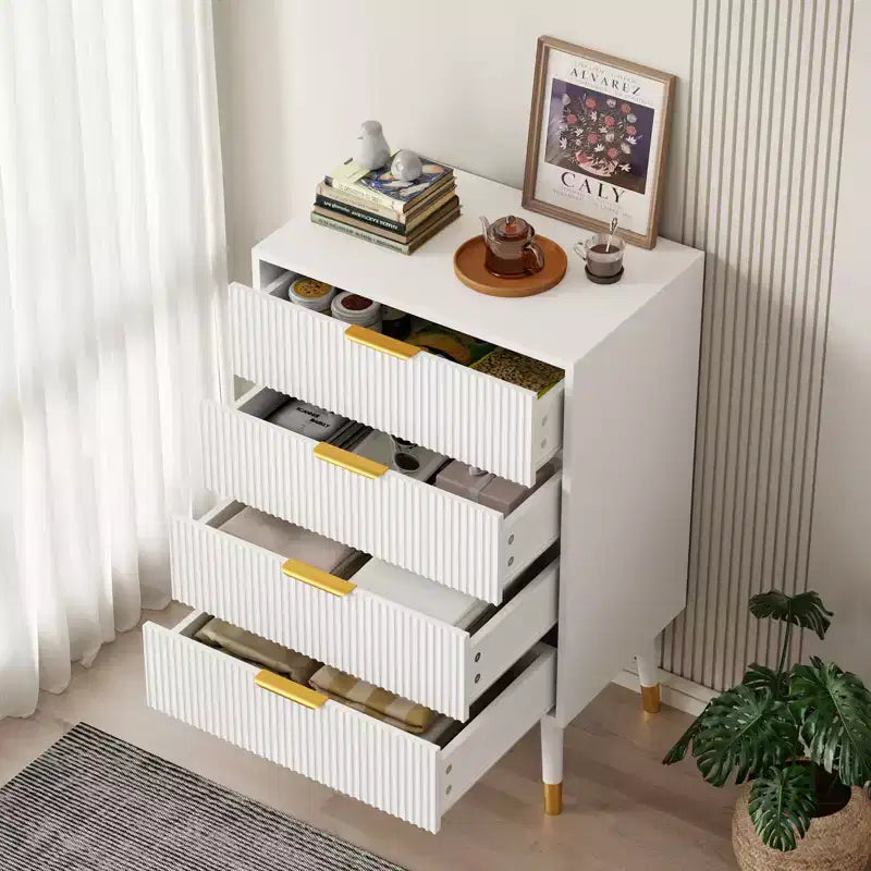 4 Storage Drawers, Fluted Chest of Drawers with Golden Legs and Handles, Bedside Table for Bedroom, Living Room,