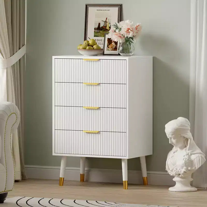 4 Storage Drawers, Fluted Chest of Drawers with Golden Legs and Handles, Bedside Table for Bedroom, Living Room,