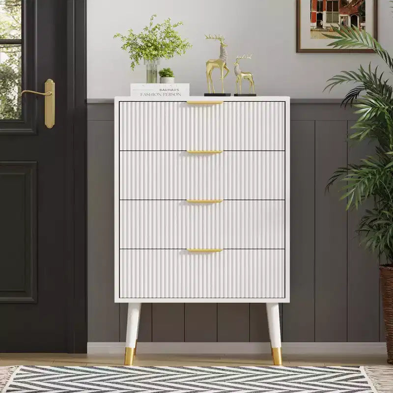 4 Storage Drawers, Fluted Chest of Drawers with Golden Legs and Handles, Bedside Table for Bedroom, Living Room,