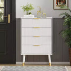 4 Storage Drawers, Fluted Chest of Drawers with Golden Legs and Handles, Bedside Table for Bedroom, Living Room,