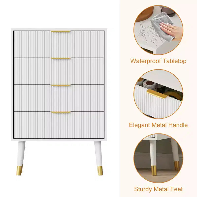 4 Storage Drawers, Fluted Chest of Drawers with Golden Legs and Handles, Bedside Table for Bedroom, Living Room,