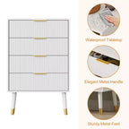 4 Storage Drawers, Fluted Chest of Drawers with Golden Legs and Handles, Bedside Table for Bedroom, Living Room,
