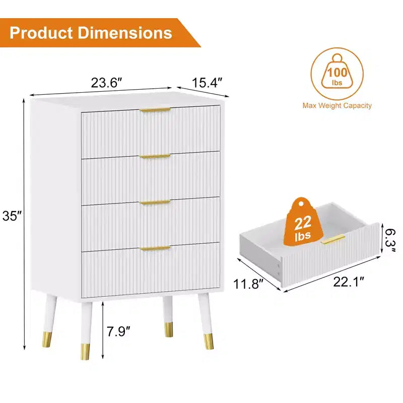 4 Storage Drawers, Fluted Chest of Drawers with Golden Legs and Handles, Bedside Table for Bedroom, Living Room,