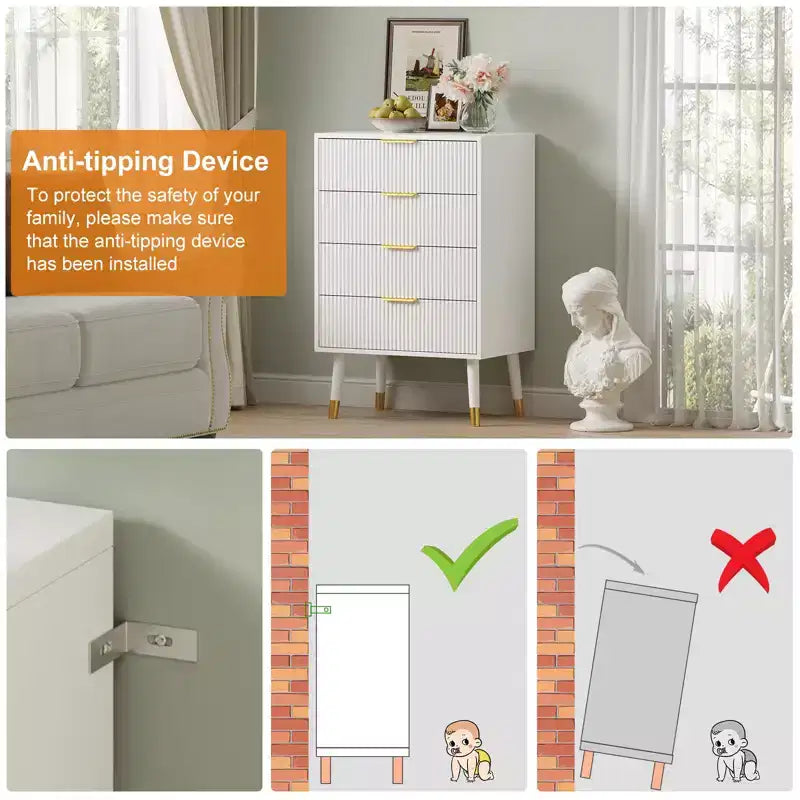 4 Storage Drawers, Fluted Chest of Drawers with Golden Legs and Handles, Bedside Table for Bedroom, Living Room,