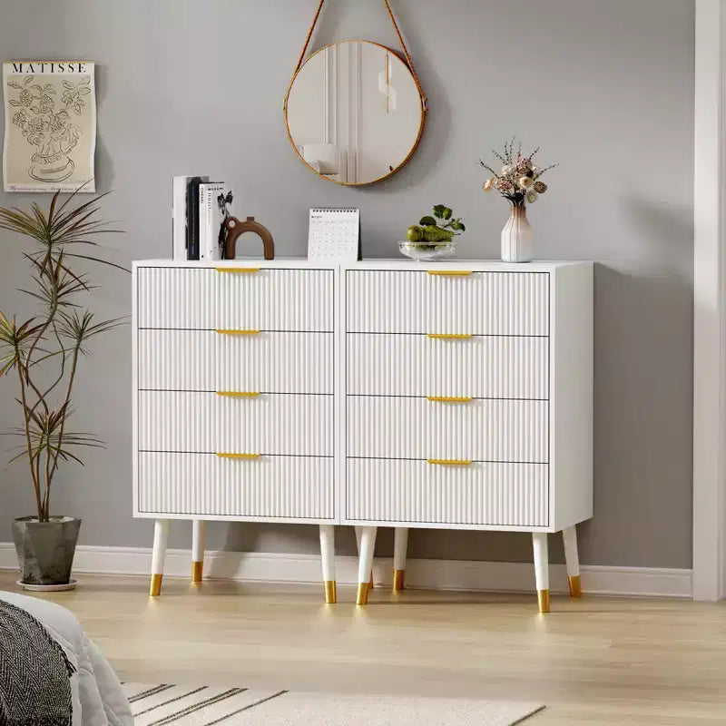 4 Storage Drawers, Fluted Chest of Drawers with Golden Legs and Handles, Bedside Table for Bedroom, Living Room,