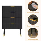 4 Storage Drawers, Fluted Chest of Drawers with Golden Legs and Handles, Bedside Table for Bedroom, Living Room,