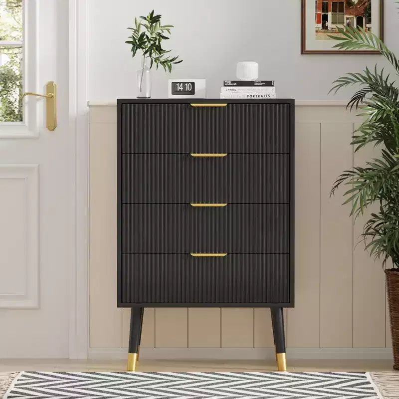 4 Storage Drawers, Fluted Chest of Drawers with Golden Legs and Handles, Bedside Table for Bedroom, Living Room,