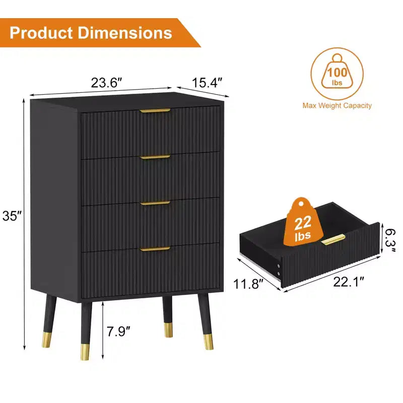 4 Storage Drawers, Fluted Chest of Drawers with Golden Legs and Handles, Bedside Table for Bedroom, Living Room,