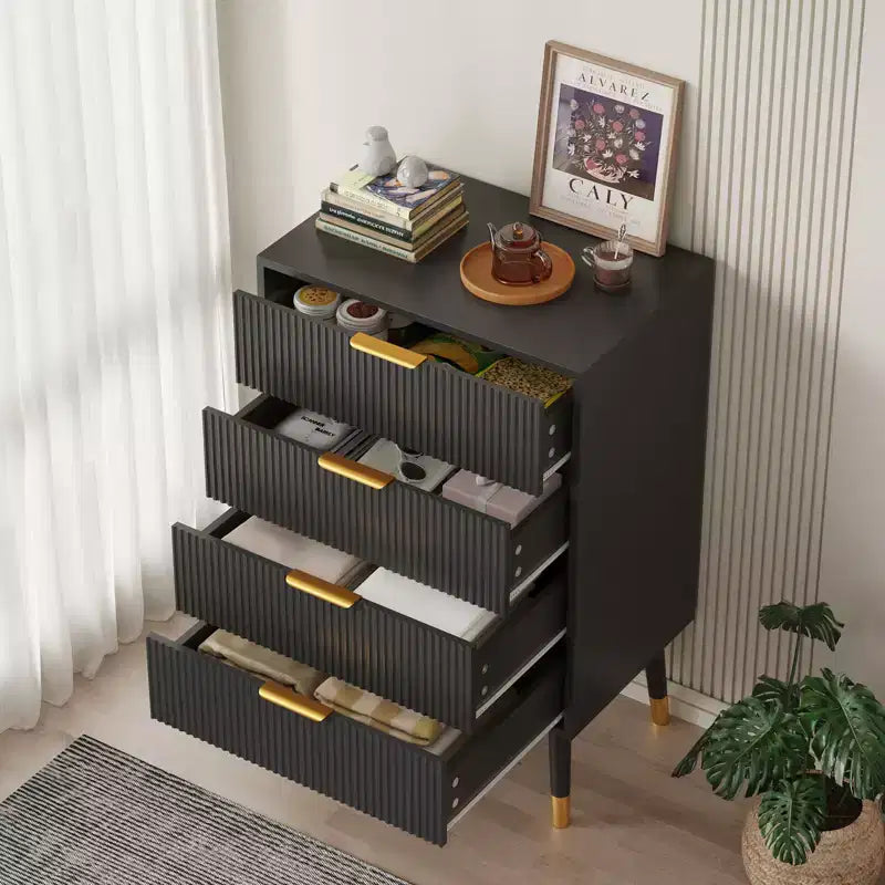 4 Storage Drawers, Fluted Chest of Drawers with Golden Legs and Handles, Bedside Table for Bedroom, Living Room,