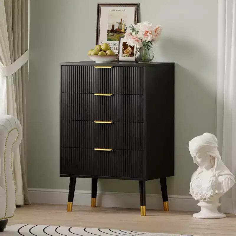 4 Storage Drawers, Fluted Chest of Drawers with Golden Legs and Handles, Bedside Table for Bedroom, Living Room,