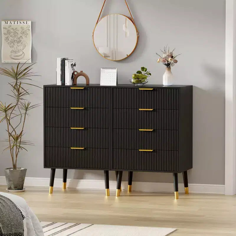 4 Storage Drawers, Fluted Chest of Drawers with Golden Legs and Handles, Bedside Table for Bedroom, Living Room,