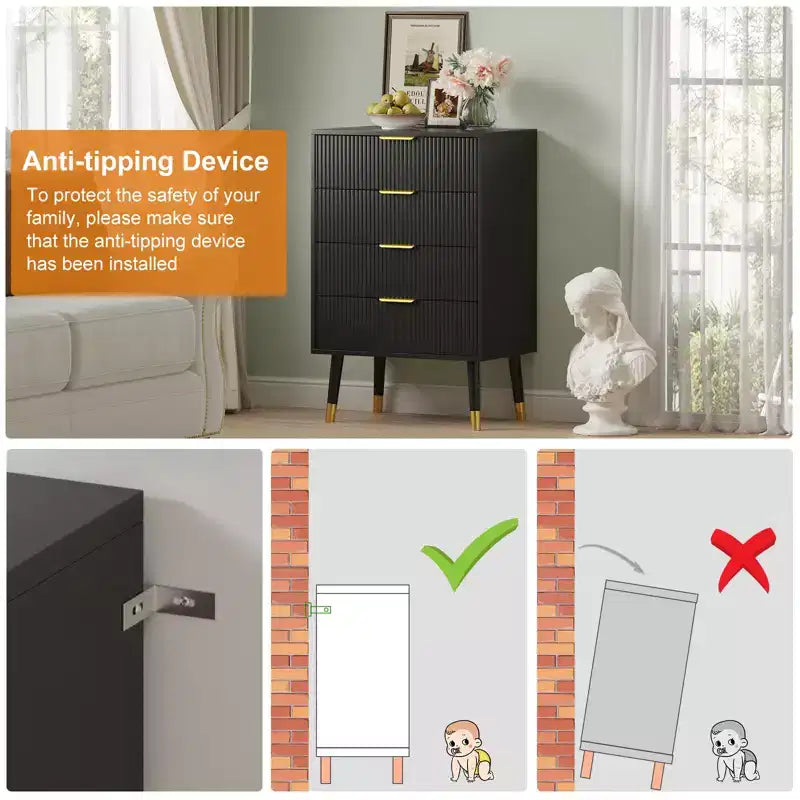 4 Storage Drawers, Fluted Chest of Drawers with Golden Legs and Handles, Bedside Table for Bedroom, Living Room,
