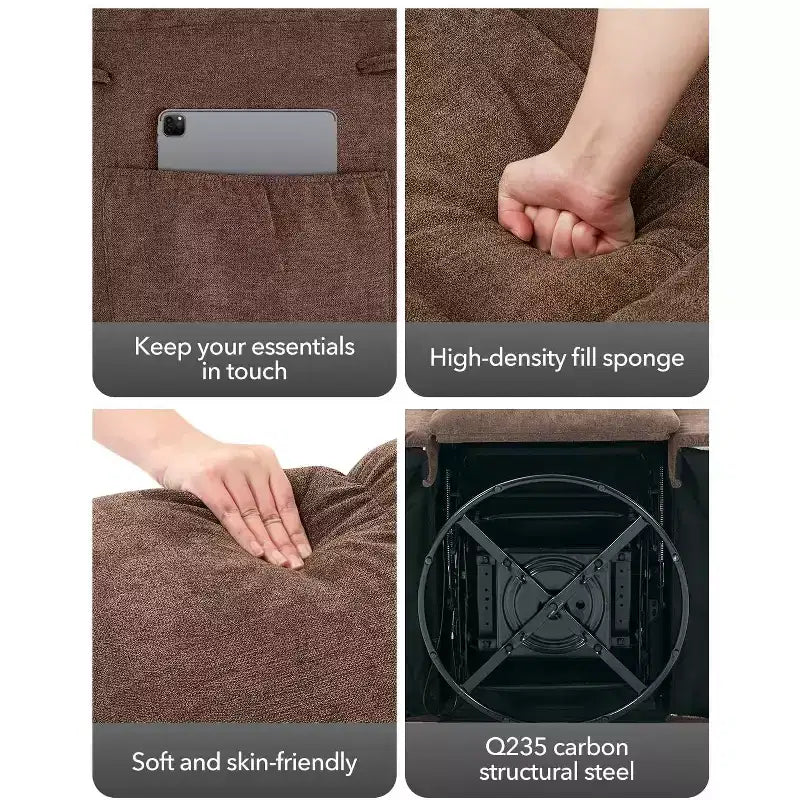 Poltrona Reclinabile a Dondolo, Sedia a Dondolo Girevole a 360° per Soggiorno, Poltrona Glider da Asilo Nido in Tessuto Imbottito con Tasche Laterali per Piccoli Spazi