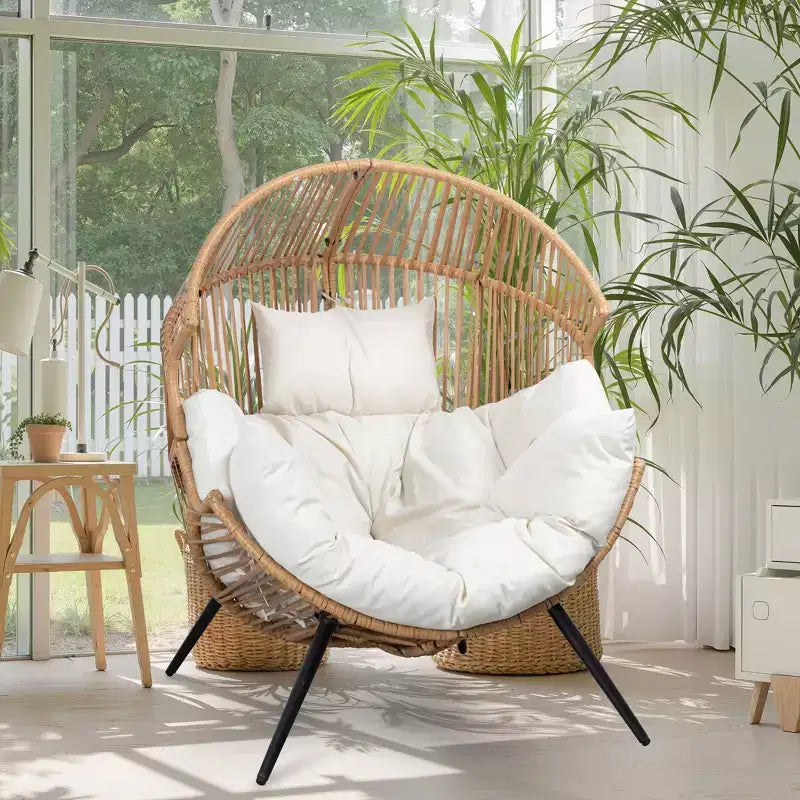 Poltrona a Uovo in Vimini Celebalcony - Sedia da Patio in Rattan con Cuscino, Seduta a Cesto a Uovo per Interni ed Esterni per Soggiorno, Camera da Leto, Patio, Giardino