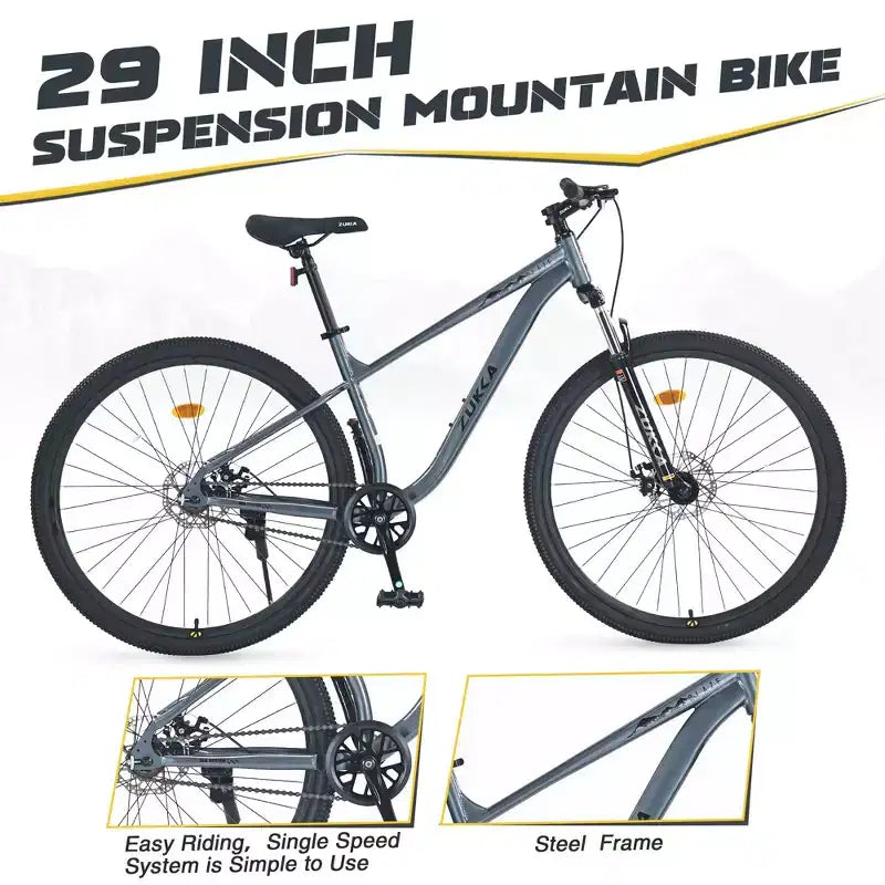 Okak 29IN Mountain Bike a Velocità Singola, Bici per Adulti con Telaio in Acciaio e Sospensione Anteriore, Bici da Uomo per Pendolarismo, Viaggi, Montagna