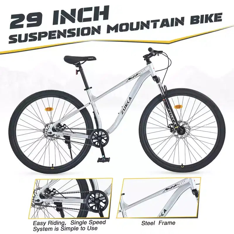 Okak 29IN Mountain Bike a Velocità Singola, Bici per Adulti con Telaio in Acciaio e Sospensione Anteriore, Bici da Uomo per Pendolarismo, Viaggi, Montagna