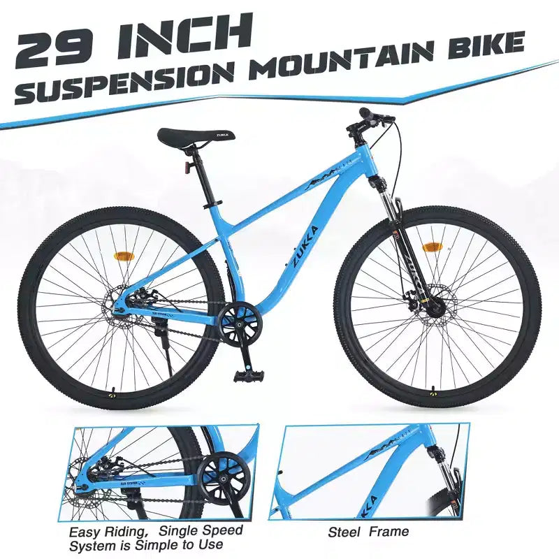 Okak 29IN Mountain Bike a Velocità Singola, Bici per Adulti con Telaio in Acciaio e Sospensione Anteriore, Bici da Uomo per Pendolarismo, Viaggi, Montagna