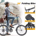 Bicicletta Pieghevole Okak 24IN con 7 Velocità e Telaio in Acciaio, Biciclette Cruiser con Portapacchi Posteriore e Parafango, Bici per Adulti per Viaggi e Pendolarismo