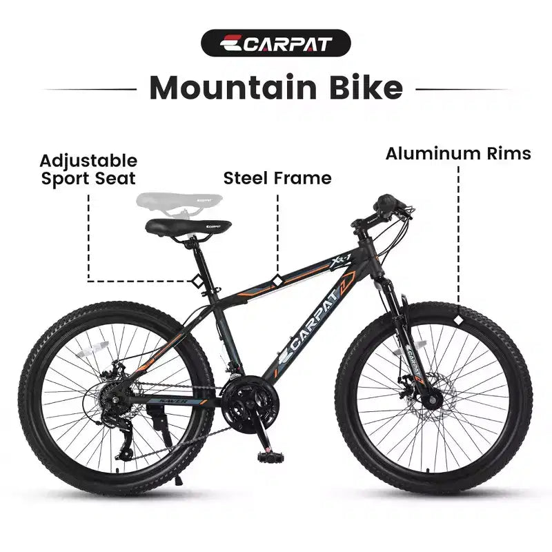 Bicicletta da montagna Okak 24IN con telaio in acciaio, bicicletta per bambini con cambio Shimano a 21 velocità, freni a disco doppi e sospensione anteriore, bicicletta per ragazzi
