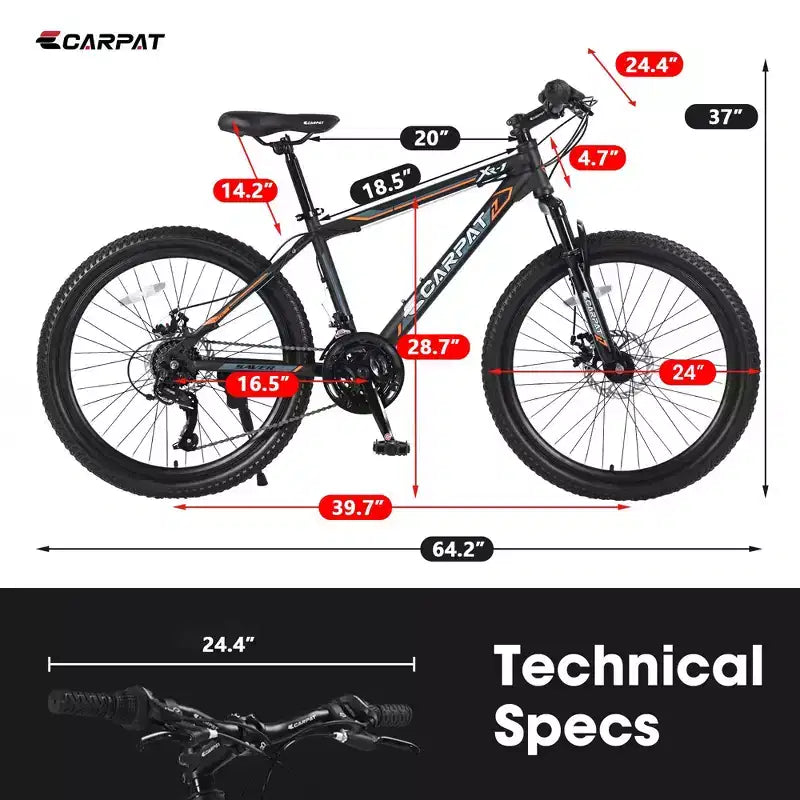 Bicicletta da montagna Okak 24IN con telaio in acciaio, bicicletta per bambini con cambio Shimano a 21 velocità, freni a disco doppi e sospensione anteriore, bicicletta per ragazzi