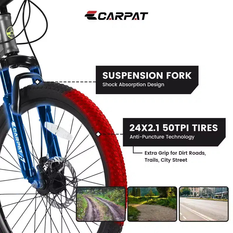 Bicicletta da montagna Okak 24IN con telaio in acciaio, bicicletta per bambini con cambio Shimano a 21 velocità, freni a disco doppi e sospensione anteriore, bicicletta per ragazzi
