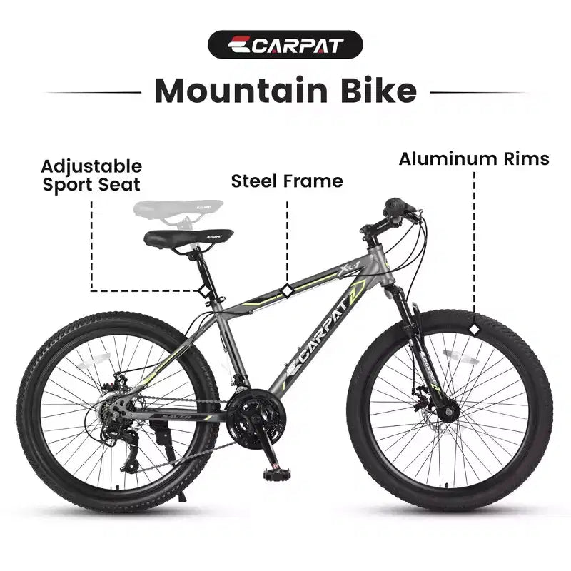 Bicicletta da montagna Okak 24IN con telaio in acciaio, bicicletta per bambini con cambio Shimano a 21 velocità, freni a disco doppi e sospensione anteriore, bicicletta per ragazzi