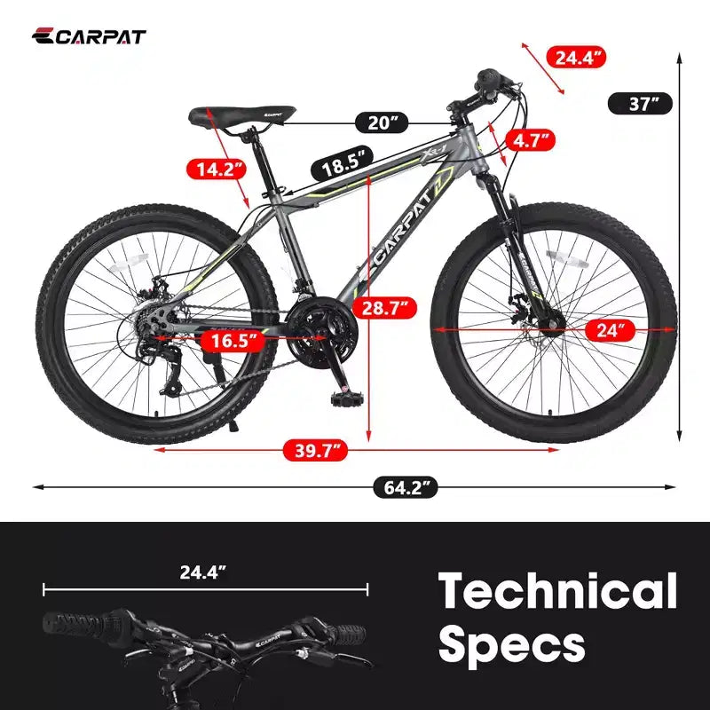 Bicicletta da montagna Okak 24IN con telaio in acciaio, bicicletta per bambini con cambio Shimano a 21 velocità, freni a disco doppi e sospensione anteriore, bicicletta per ragazzi