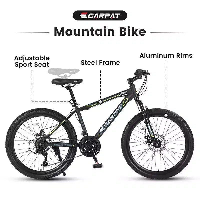 Bicicletta da montagna Okak 24IN con telaio in acciaio, bicicletta per bambini con cambio Shimano a 21 velocità, freni a disco doppi e sospensione anteriore, bicicletta per ragazzi