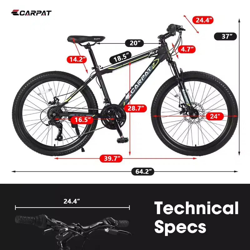 Bicicletta da montagna Okak 24IN con telaio in acciaio, bicicletta per bambini con cambio Shimano a 21 velocità, freni a disco doppi e sospensione anteriore, bicicletta per ragazzi