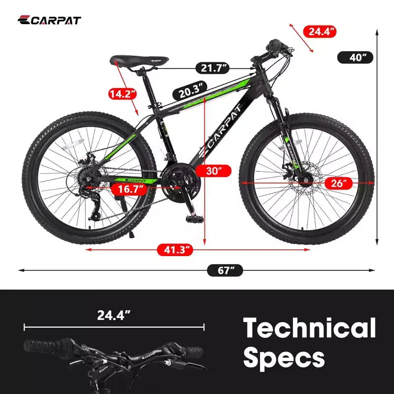 Mountain bike Okak 26" con 21 velocità e freni a disco, bici da cross per ragazzi con telaio in acciaio ad alto tenore di carbonio, bici da uomo per adulti e adolescenti
