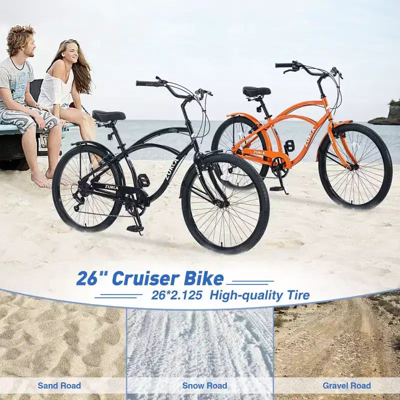 Okak Bici Cruiser da Spiaggia da 26 pollici con Sistema a 7 velocità, Bici da Uomo con Freni a V Anteriori e Posteriori, Bicicletta con Telaio in Metallo per Adolescenti e Adulti