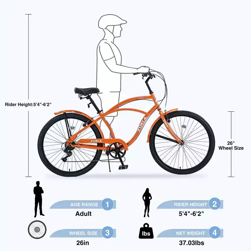 Okak Bici Cruiser da Spiaggia da 26 pollici con Sistema a 7 velocità, Bici da Uomo con Freni a V Anteriori e Posteriori, Bicicletta con Telaio in Metallo per Adolescenti e Adulti