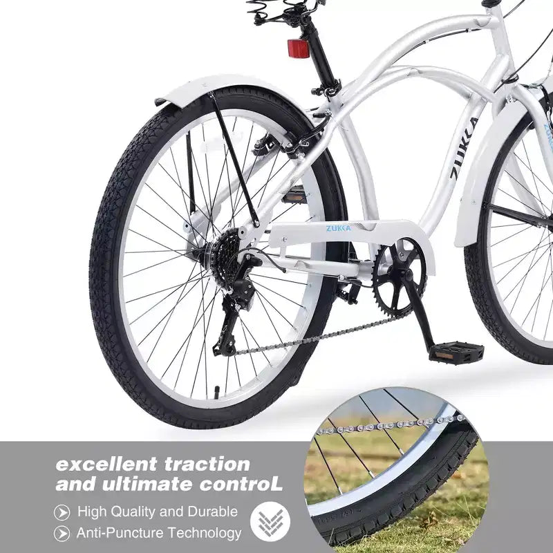 Okak Bici Cruiser da Spiaggia da 26 pollici con Sistema a 7 velocità, Bici da Uomo con Freni a V Anteriori e Posteriori, Bicicletta con Telaio in Metallo per Adolescenti e Adulti