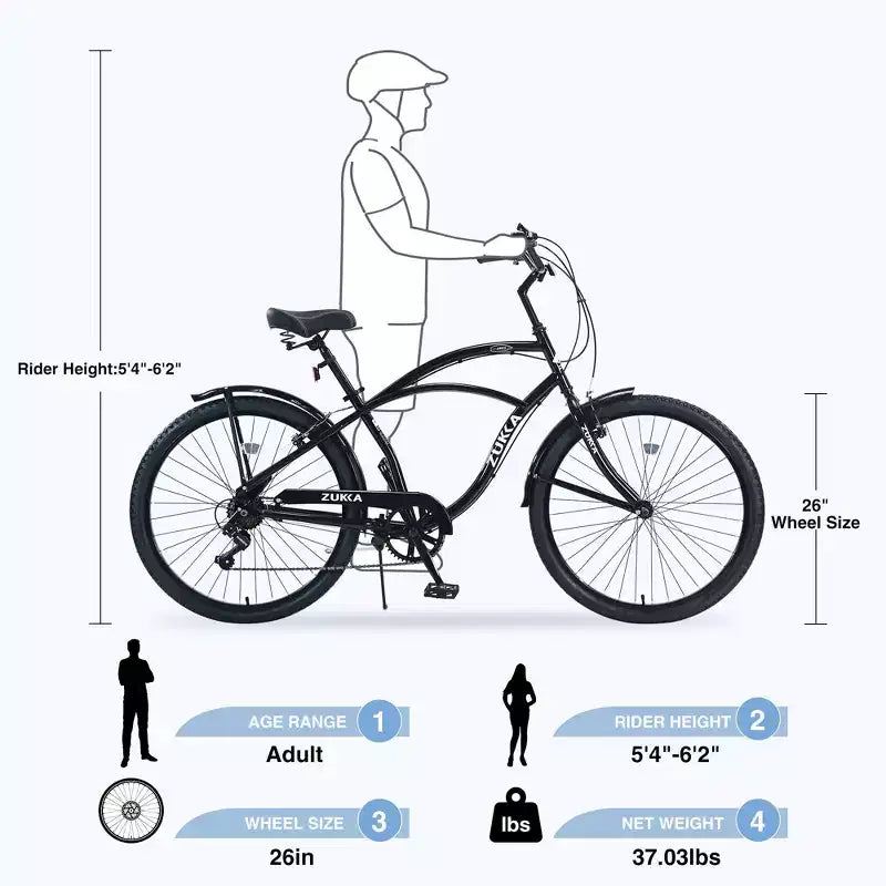 Okak Bici Cruiser da Spiaggia da 26 pollici con Sistema a 7 velocità, Bici da Uomo con Freni a V Anteriori e Posteriori, Bicicletta con Telaio in Metallo per Adolescenti e Adulti