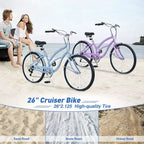 Bicicletta da donna Okak 26 pollici con 7 velocità, bici da spiaggia con freno a V doppio e sella ammortizzata, bici da adulto per pendolarismo, viaggio, montagna