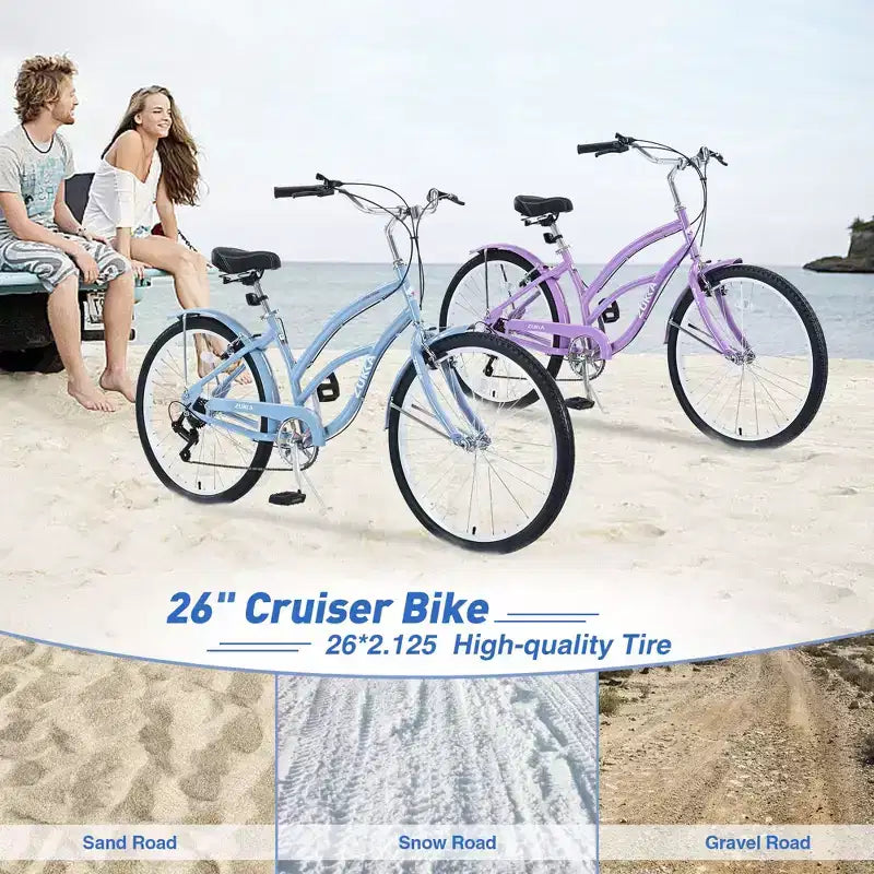 Bicicletta da donna Okak 26 pollici con 7 velocità, bici da spiaggia con freno a V doppio e sella ammortizzata, bici da adulto per pendolarismo, viaggio, montagna