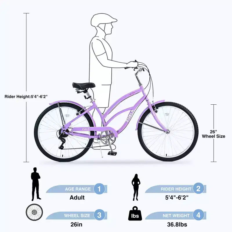Bicicletta da donna Okak 26 pollici con 7 velocità, bici da spiaggia con freno a V doppio e sella ammortizzata, bici da adulto per pendolarismo, viaggio, montagna