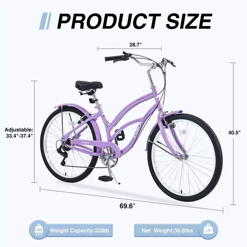Bicicletta da donna Okak 26 pollici con 7 velocità, bici da spiaggia con freno a V doppio e sella ammortizzata, bici da adulto per pendolarismo, viaggio, montagna