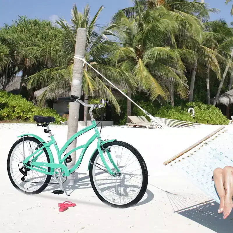 Bicicletta da donna Okak 26 pollici con 7 velocità, bici da spiaggia con freno a V doppio e sella ammortizzata, bici da adulto per pendolarismo, viaggio, montagna