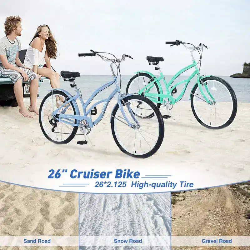 Bicicletta da donna Okak 26 pollici con 7 velocità, bici da spiaggia con freno a V doppio e sella ammortizzata, bici da adulto per pendolarismo, viaggio, montagna