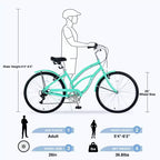 Bicicletta da donna Okak 26 pollici con 7 velocità, bici da spiaggia con freno a V doppio e sella ammortizzata, bici da adulto per pendolarismo, viaggio, montagna
