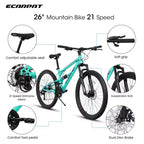 Okak Mountain bike da 26 pollici con ammortizzatore anteriore e posteriore, bici da adulto a 21 velocità con telaio in acciaio, bici da uomo per ragazzi e adulti, blu