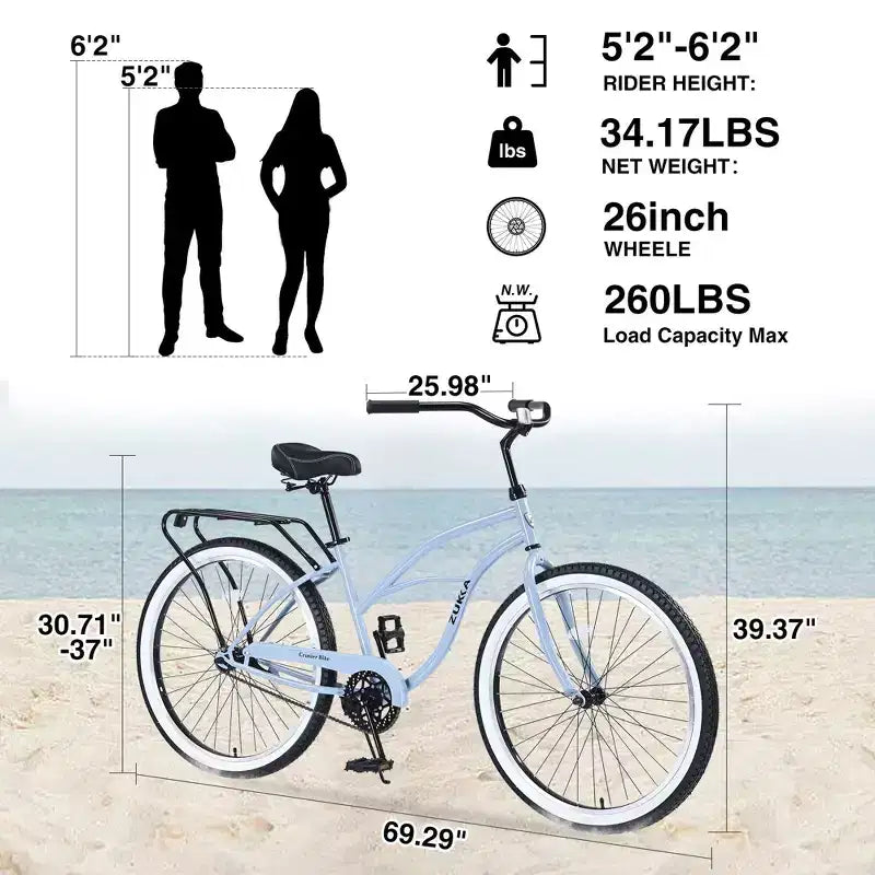 Okak 26IN Biciclette Cruiser a velocità singola con telaio in acciaio, bicicletta per adulti con ruote larghe e freno a contropedale posteriore, bicicletta per uomini e donne